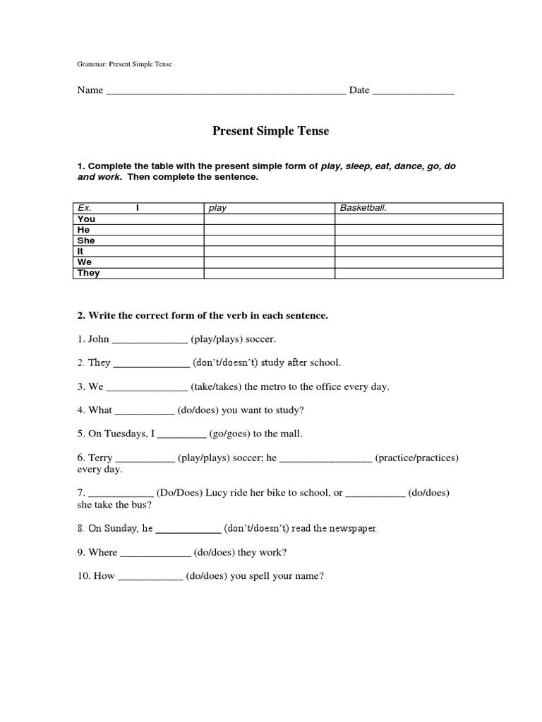 Present Simple Tense Worksheet | PDF
