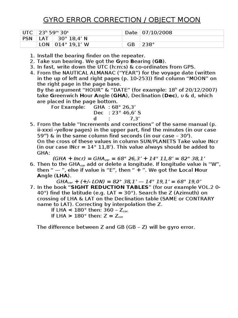 Gyro Error Calculation Using Moon Data | PDF | Science & Mathematics