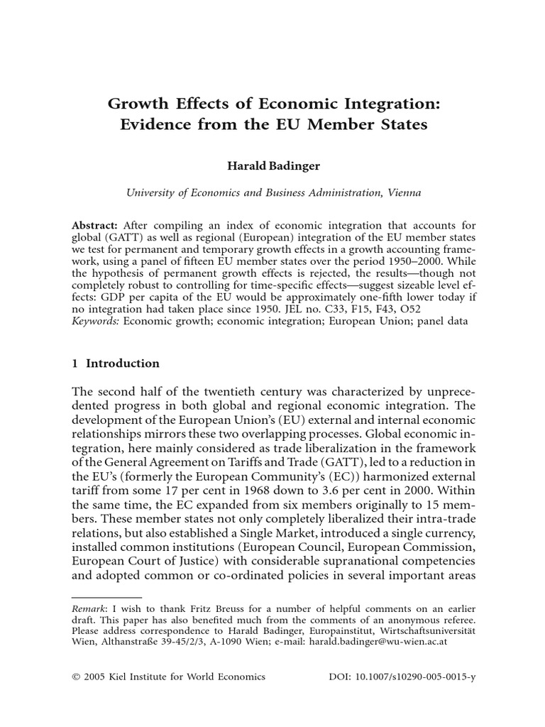 Baldinger 2005 Growth Effects of Economic Integration | PDF | Economic ...