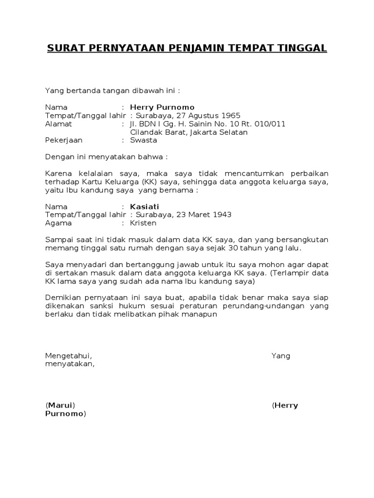 Surat Pernyataan Penjamin Tempat Tinggal