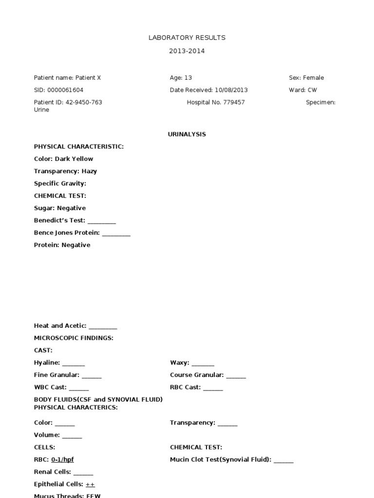 Urinalysis and Chest X-Ray Results | PDF