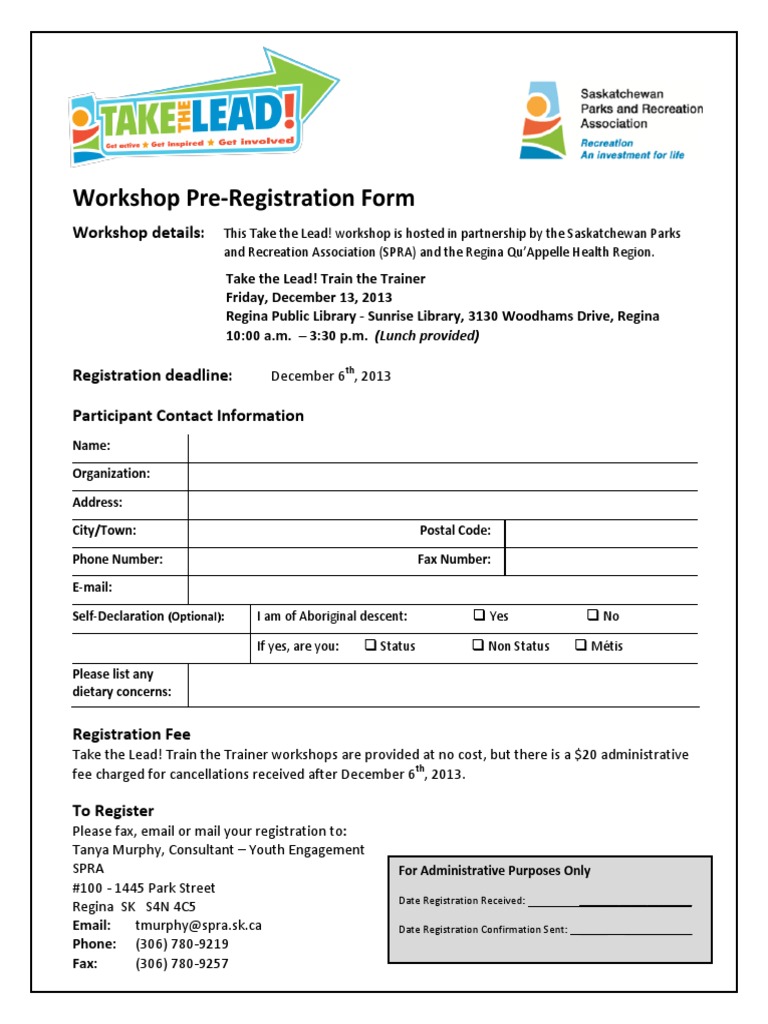 Take The Lead! Pre-Registration Form - December 13, 2013 | PDF