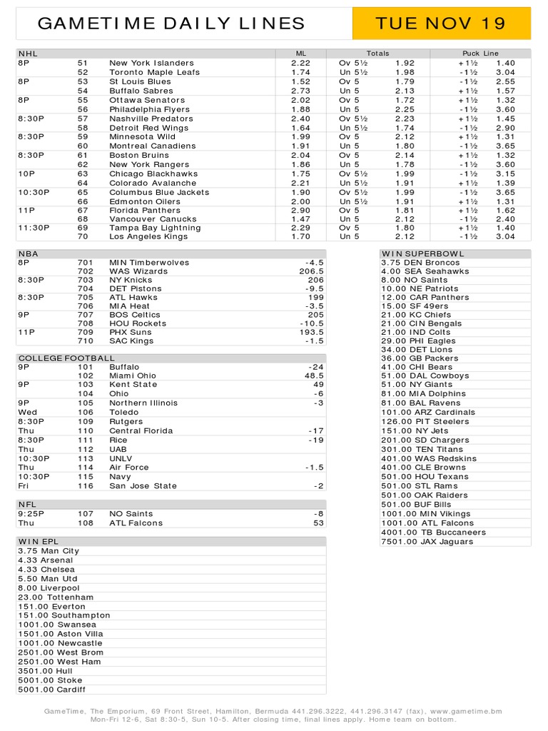 Gametime Daily Lines Tue Nov 19: ML Puck Line Totals | PDF