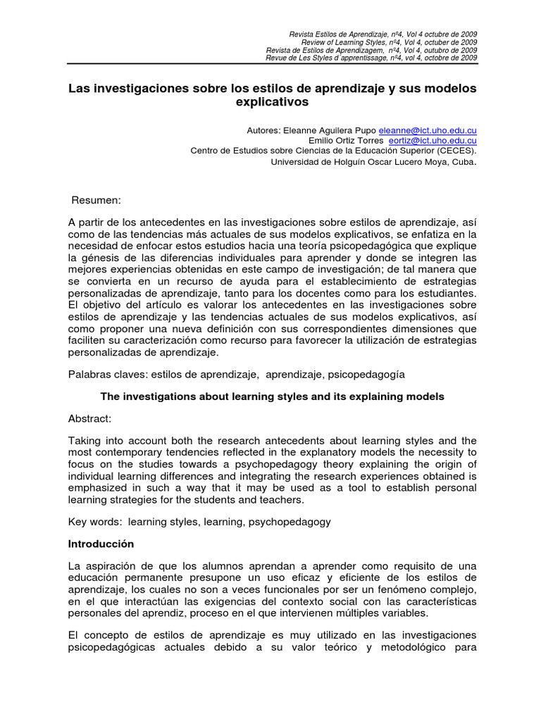 Estilos de Aprendizaje y Modelos Explicativos | PDF | Aprendizaje ...