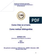 Como Citar en El Texto y Como Realizar Bibliografías: Normas Apa (American Psychological Association) 2001 5 Edición