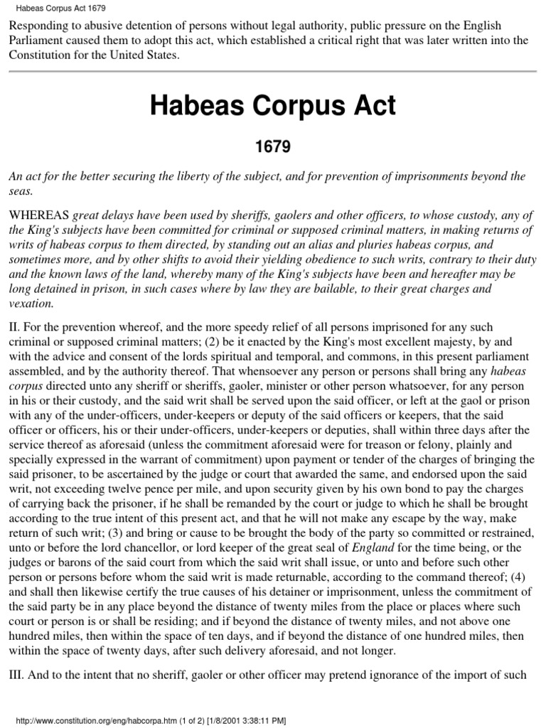 Habeas Corpus Act 1679 Justice Of The Peace Habeas Corpus
