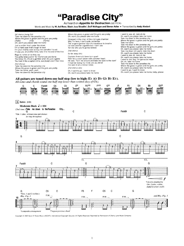 Guns and Roses Paradise City Guitar Tabs PDF