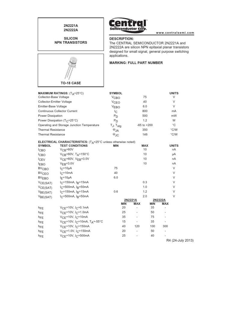 2N2221A and 2N2222A Transistor Specs | PDF | Technology & Engineering