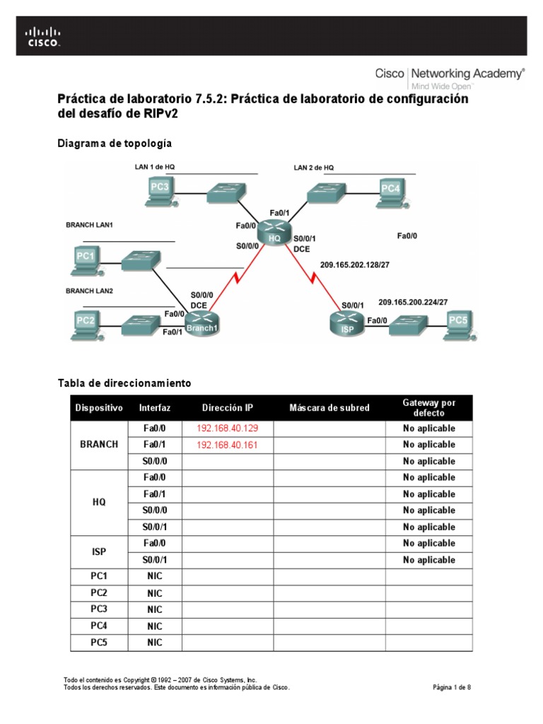 E2 Lab 7 5 2 2 | PDF | Enrutador (Computación) | Dirección IP