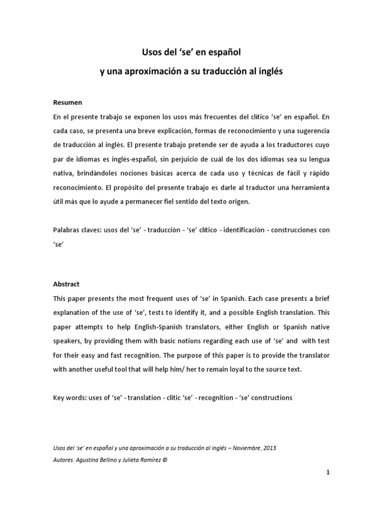 Usos Del SE en Español y Una Aproximación A Su Traducción Al Inglés ...