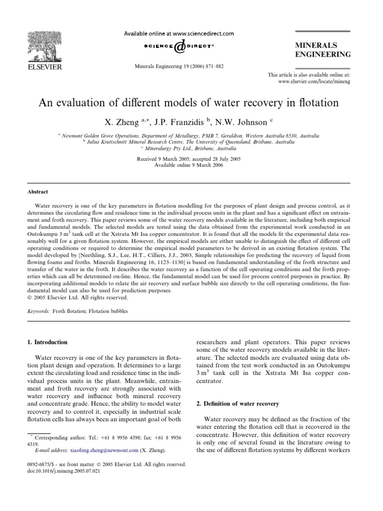 Water Recovery Models in Flotation | PDF | Foam | Chemistry