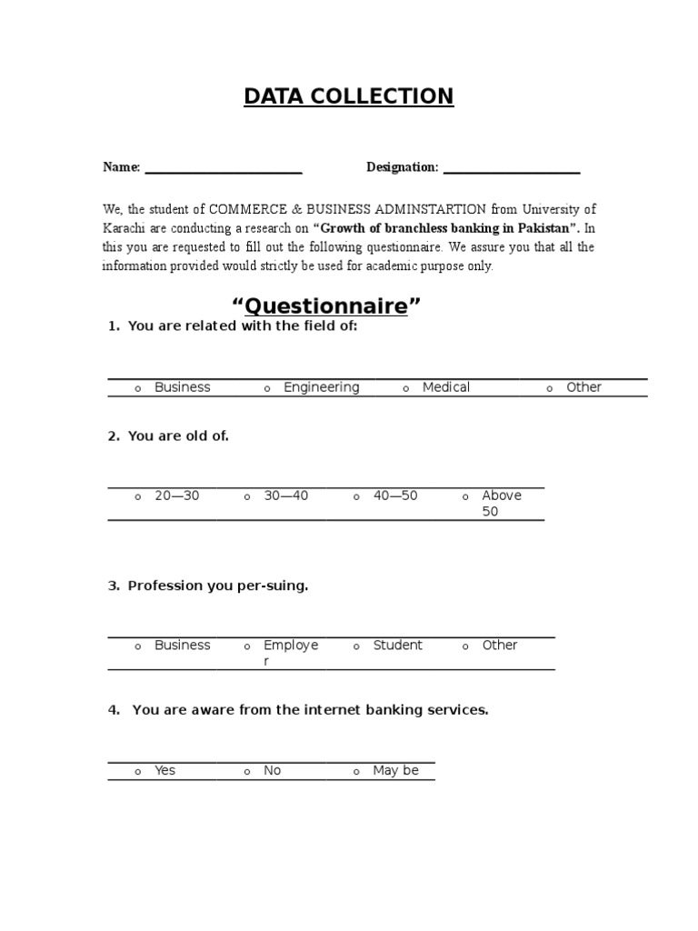 Branchless Banking Research Questionnaire | PDF | Career & Growth ...
