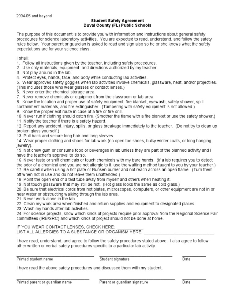 Student Safety Agreement Laboratories Personal Protective Equipment