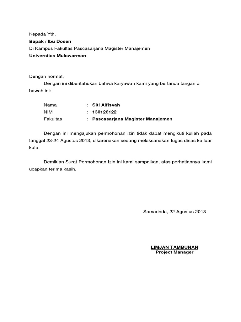Surat Ijin Tidak Masuk Kuliah Karena Bekerjaj Pdf