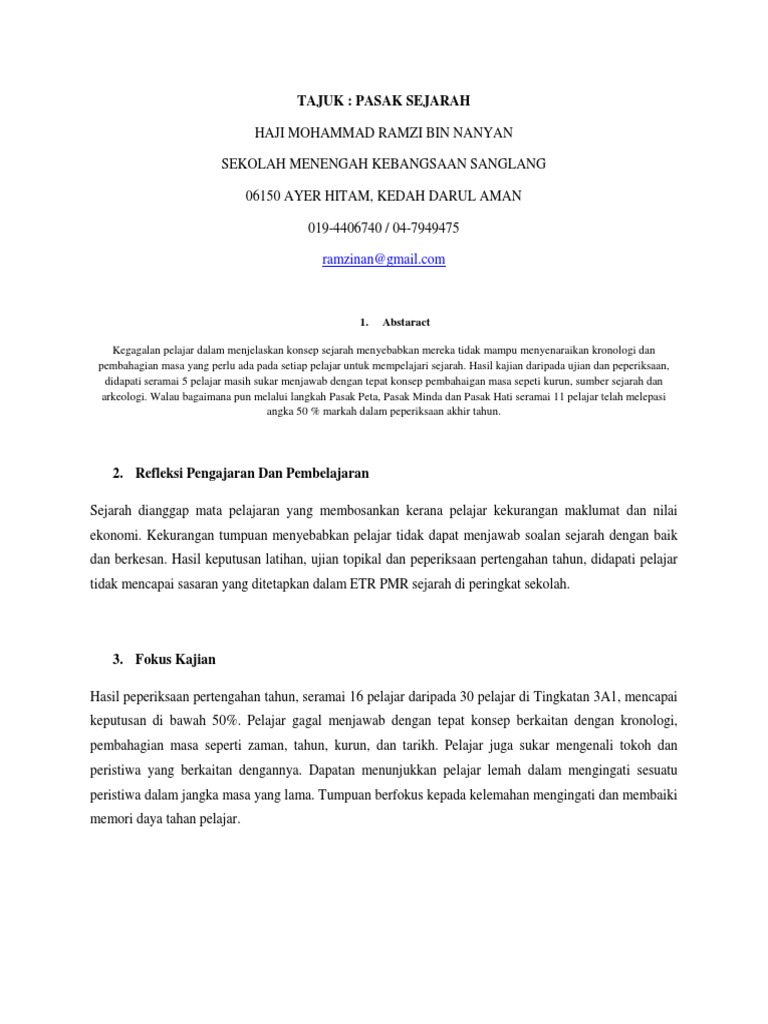 Contoh Kajian Tindakan Pasak Sejarah Oleh Mohammad Ramzi Bin Nanyan 2011 Pdf