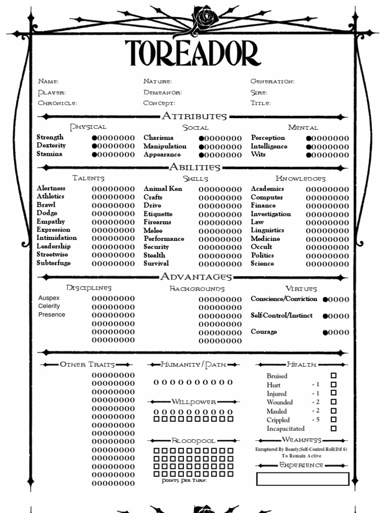Toreador Editable Character Sheet, PDF, Role Playing Games