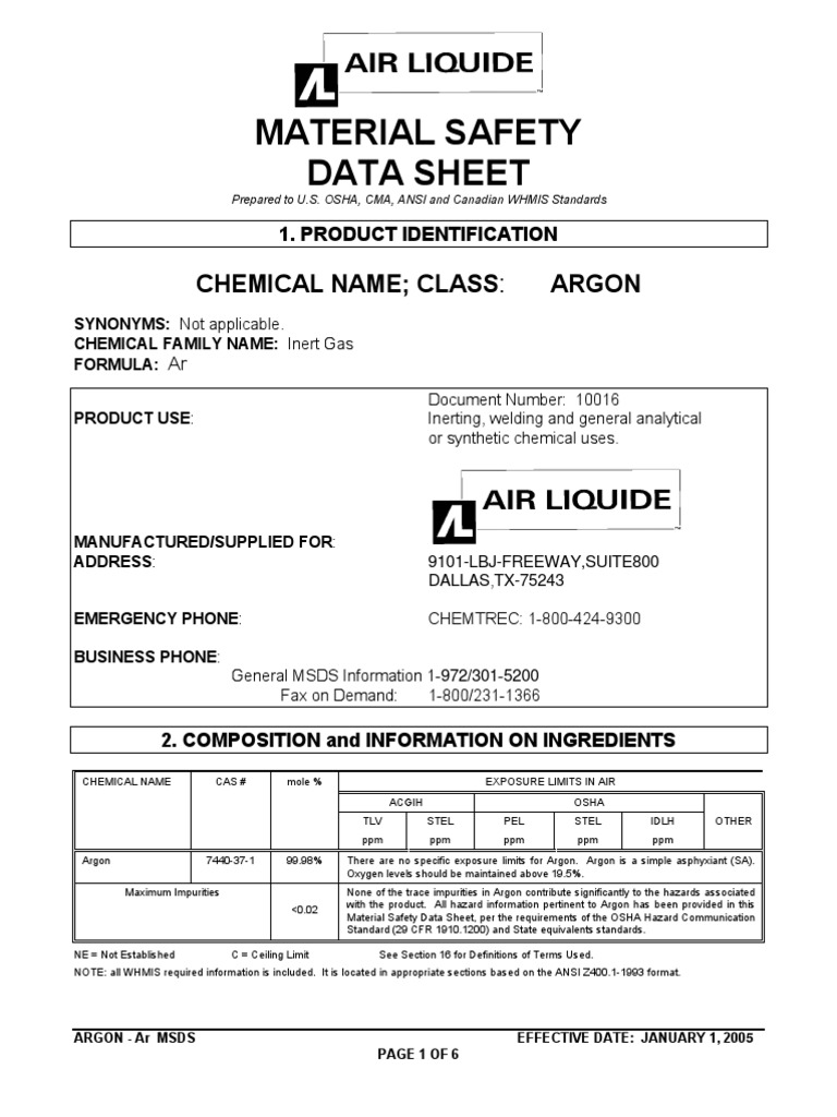 Material Safety Data Sheet | PDF | Argon | Dangerous Goods