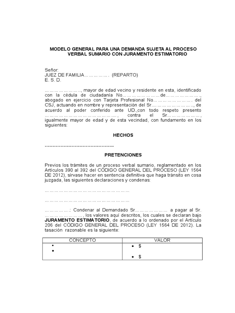 Modelo General Proceso Verbal Sumario Con Juramento