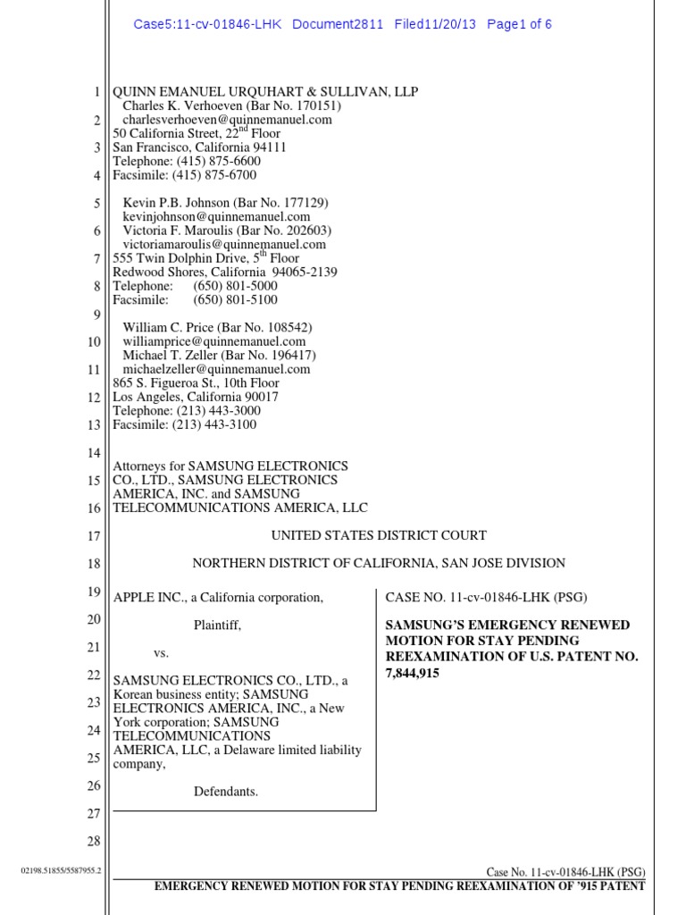 Samsung Emergency Motion To Stay | PDF | Reexamination | Intellectual ...