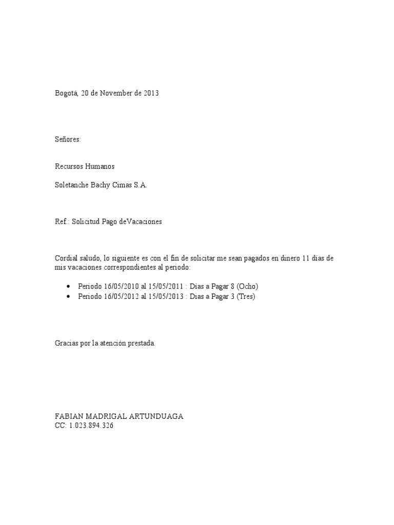Modelo Carta Para Solicitud De Vacaciones Pagadas En Dinero Business