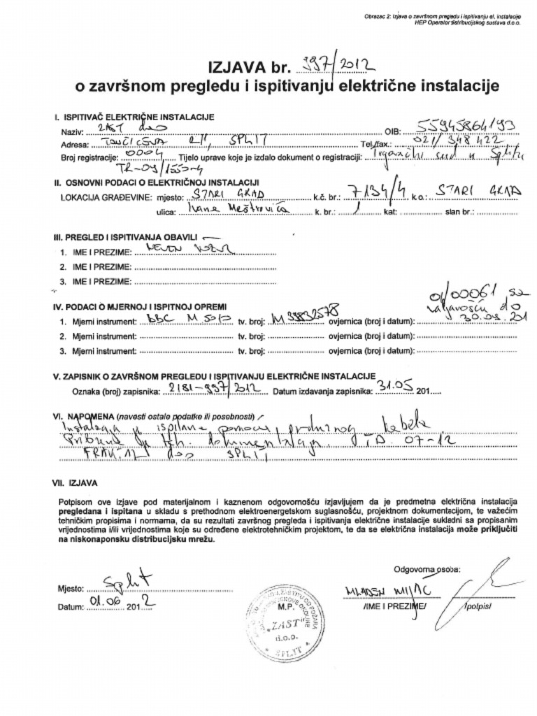 Izjava o Zavrsnom Pregledu I Ispitivanju Instalacija | PDF