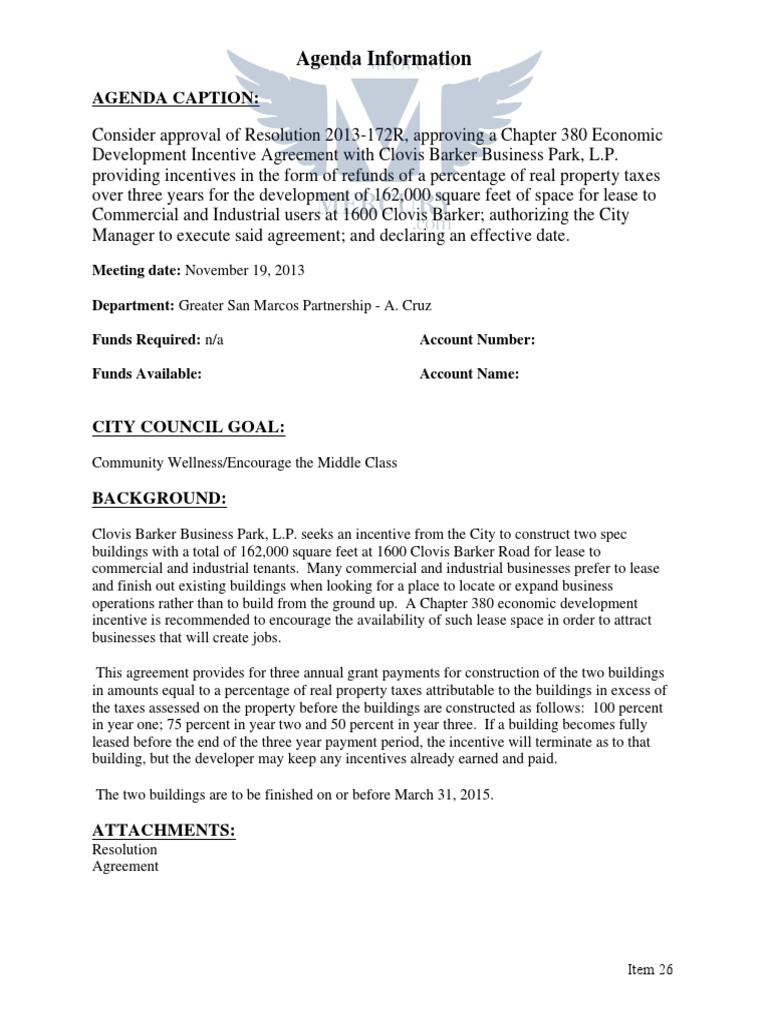 Economic Development Incentive Agreement Clovis Barker Business Park