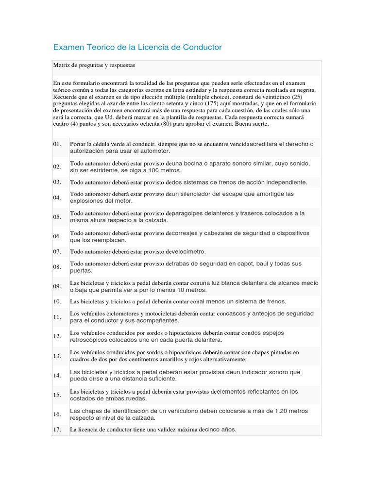 Examen Teorico de La Licencia de Conductor | PDF | Peatonal | Calle