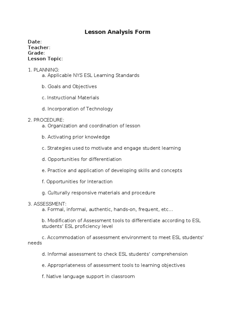 Lesson Analysis Form: Date: Teacher: Grade: Lesson Topic | PDF