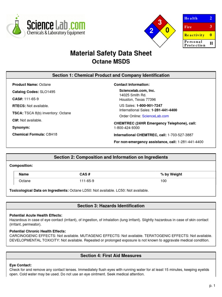 Msds Octane PDF Flammability Toxicity