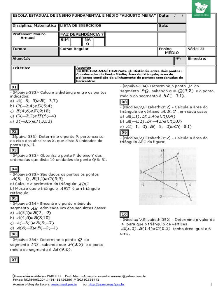 Exercícios: Distância entre Dois Pontos | PDF | Triângulo | Área