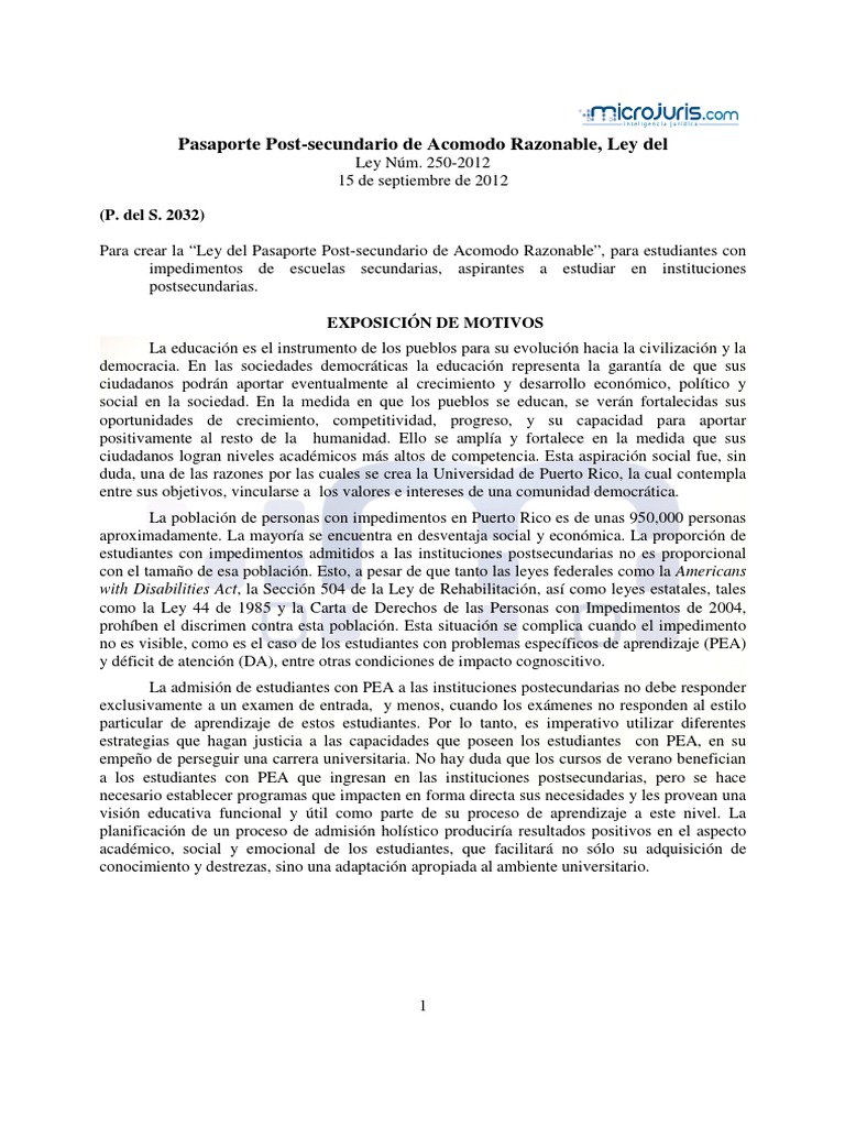 Ley de Pasaporte de Acomodo Razonable | PDF | Puerto Rico | Educación ...
