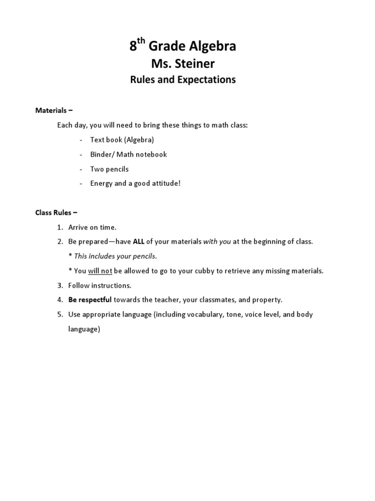 8th Grade Algebra - Syllabus | PDF | Homework | Education Theory