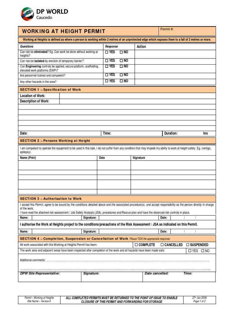 Working at Height Permit | PDF | Prevention | Safety