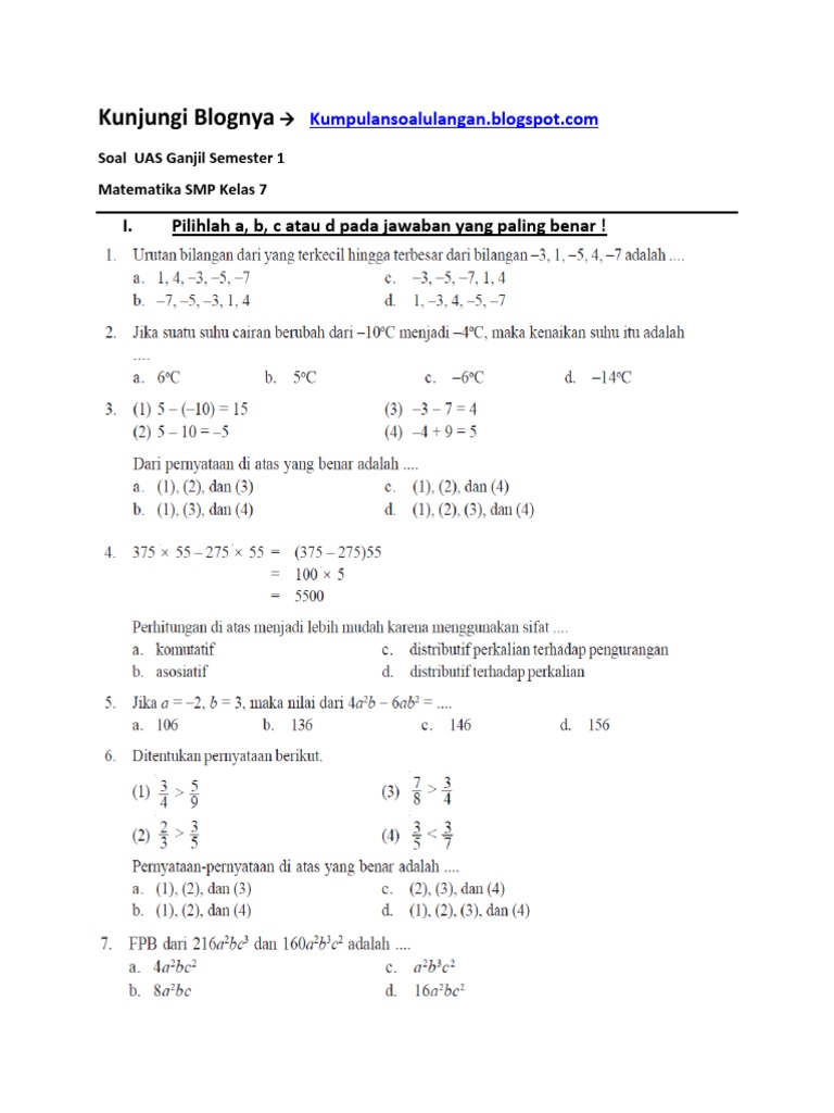 Soal UAS Ganjil Semester 1 Matamtik SMP Kelas 7