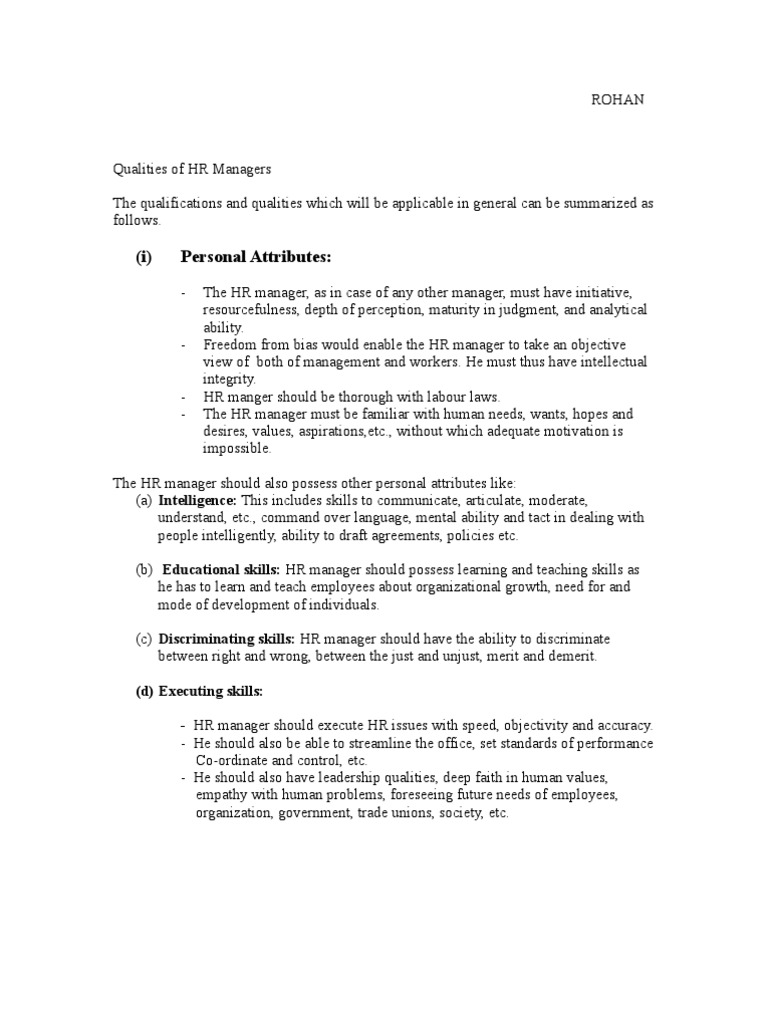 Qualities Of Hr Managers Pdf Experience Human Resource Management