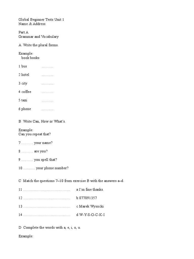 Global Beginner Test Unit 1 | PDF