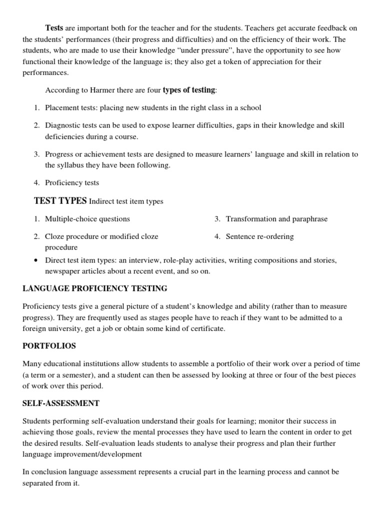 Test Types: Tests Are Important Both For The Teacher and For The ...