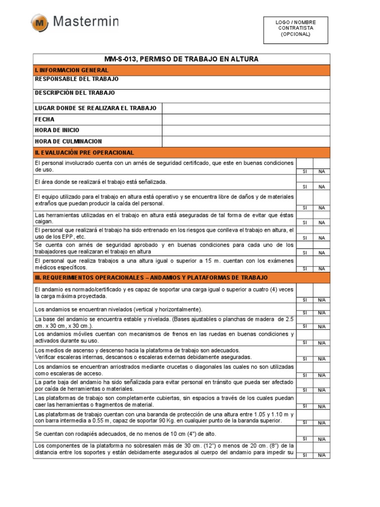 Mm-s-013, Permiso de Trabajo en Altura