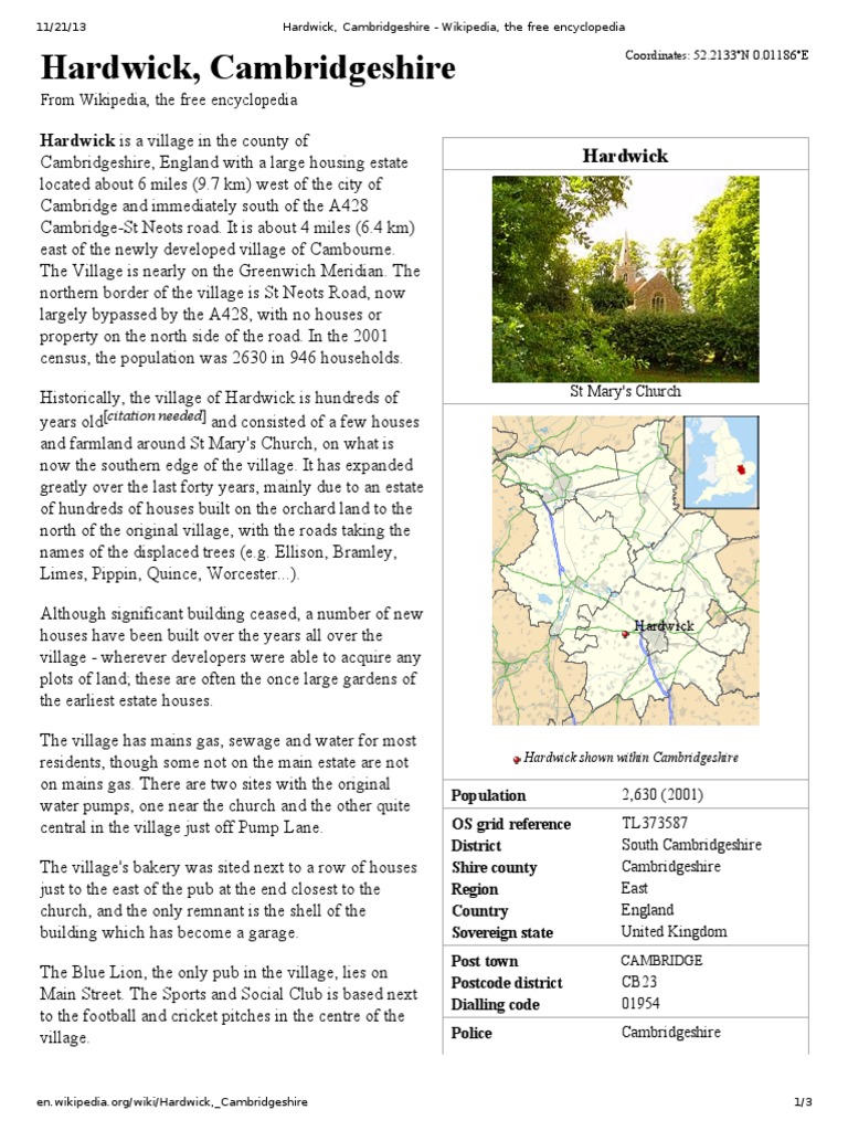 Hardwick, Cambridgeshire Hardwick Is A Village in The County of PDF