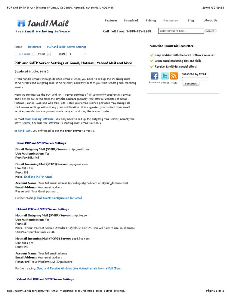 POP and SMTP Server Settings of Gmail, GoDaddy, Hotmail, Yahoo Mail