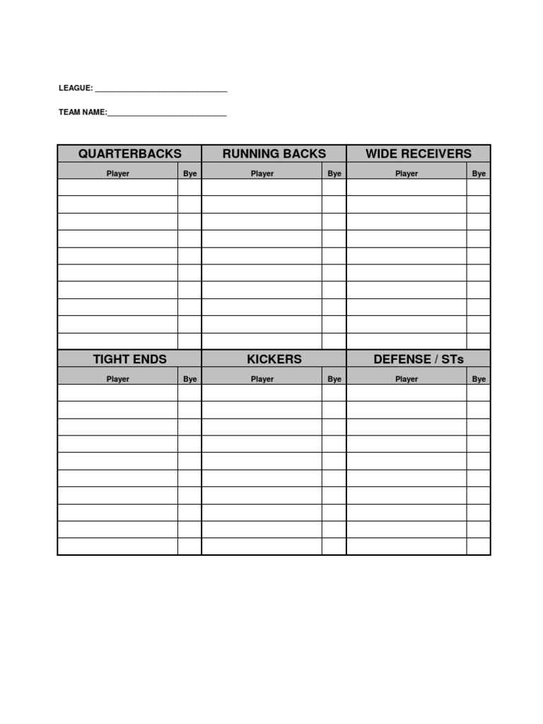 Printable Fantasy Football Selection Sheet