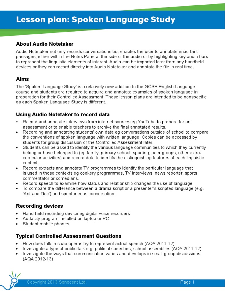 English Lesson Plan Spoken Language Study