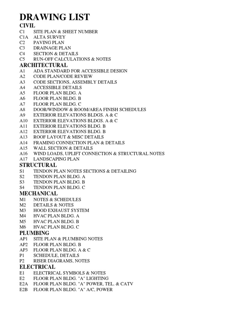 Comprehensive Drawing List for Construction | PDF | Chess