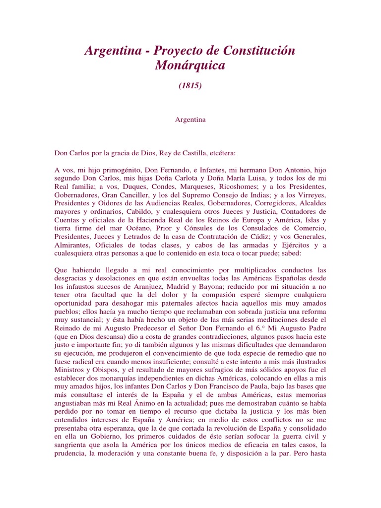 Proyecto de Constitucion Monarquica 1815 PDF Nobleza Monarquía