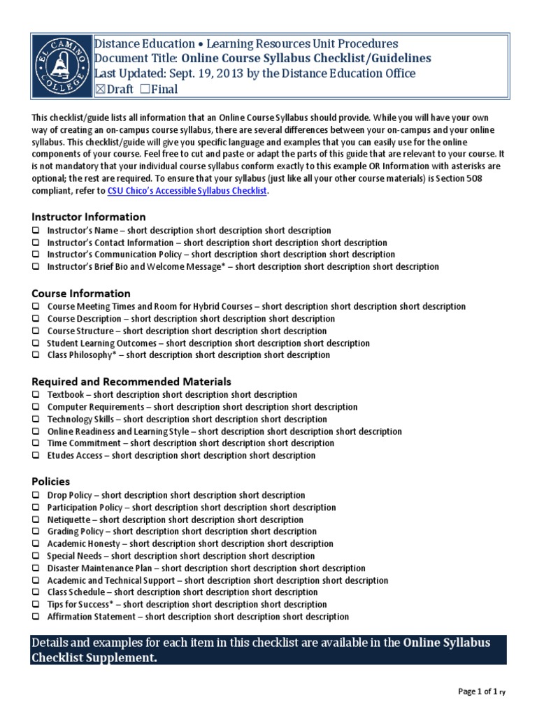 Ecconlinecoursesyllabuschecklist | PDF | Educational Technology ...