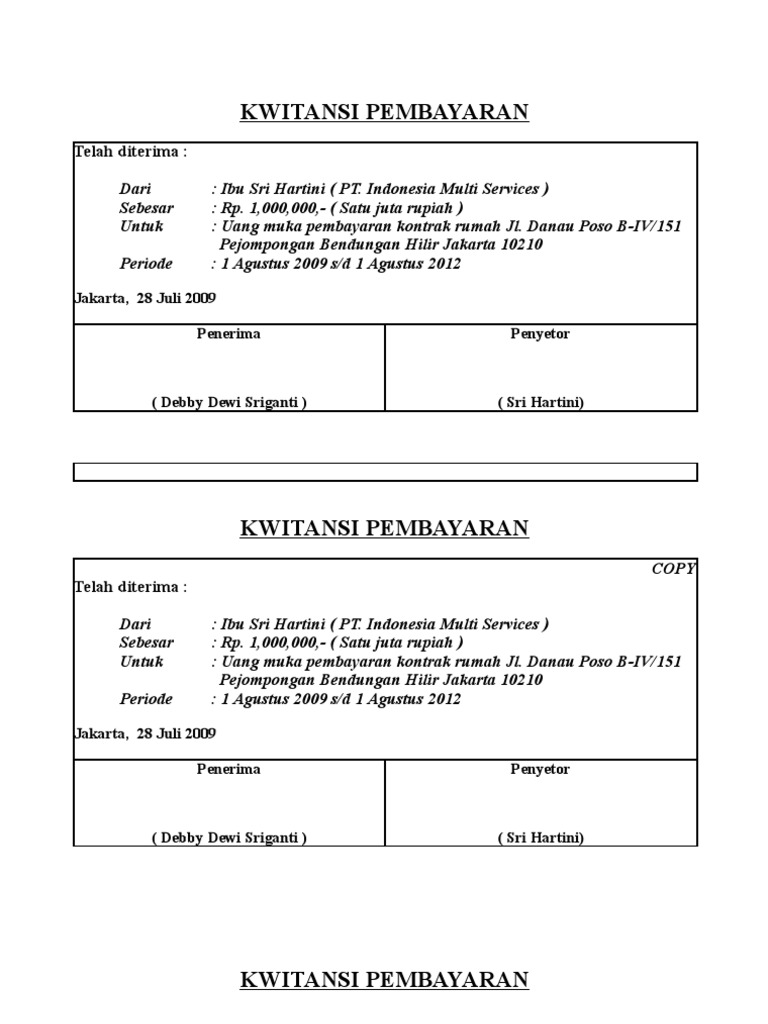 Contoh kwitansi pembayaran rumah