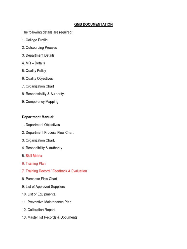 Qms Documentation: Skill Matrix 6. Training Plan 7. Training Record ...