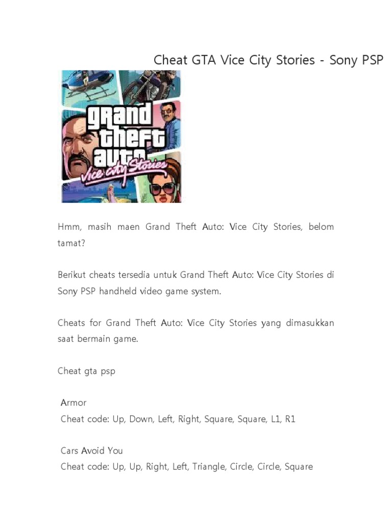 Cheat Gta Vice City Stories Sony Psp Video Games Video Game Design