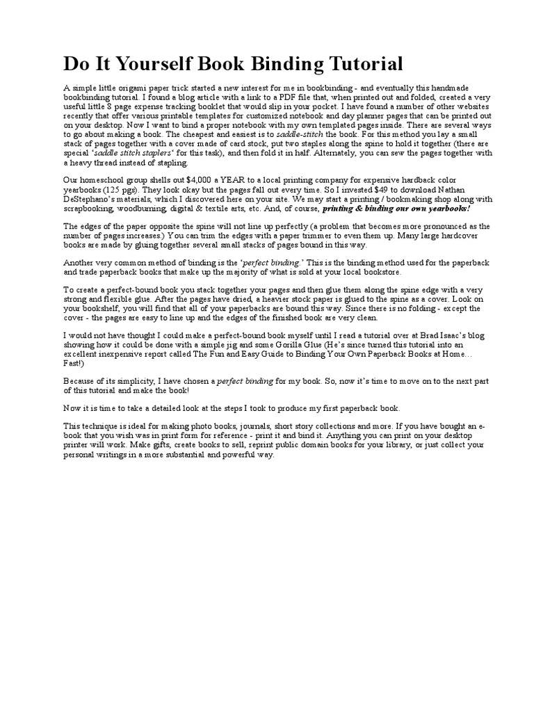 Do It Yourself Book Binding Tutorial PDF Bookbinding Adhesive