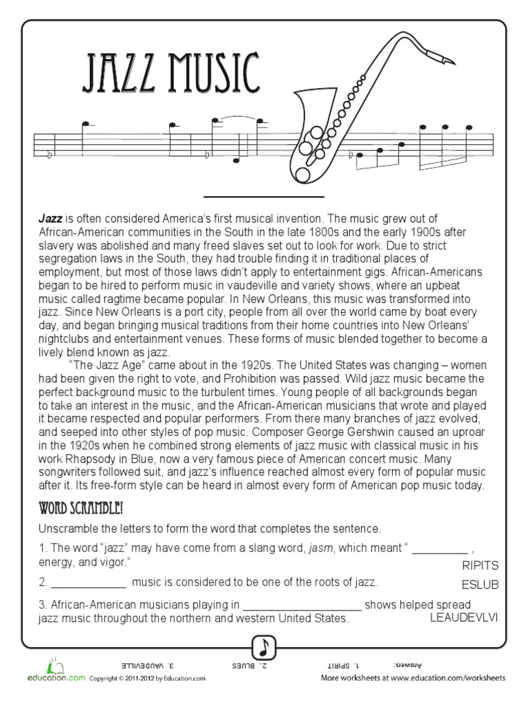 History of Jazz Worksheet